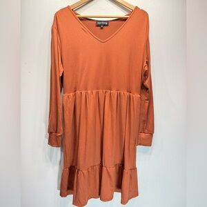 Inner Beauty Rust Orange Baby Doll Tiered Ruffle Long Sleeve V Neck Knit Dress